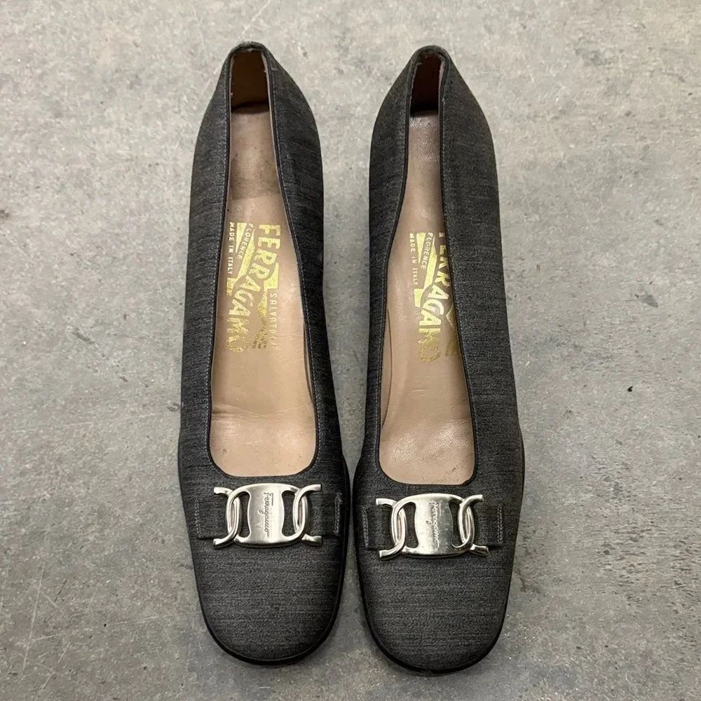 Salvatore Ferragamo Women's Gray Loafers with Silver Buckle